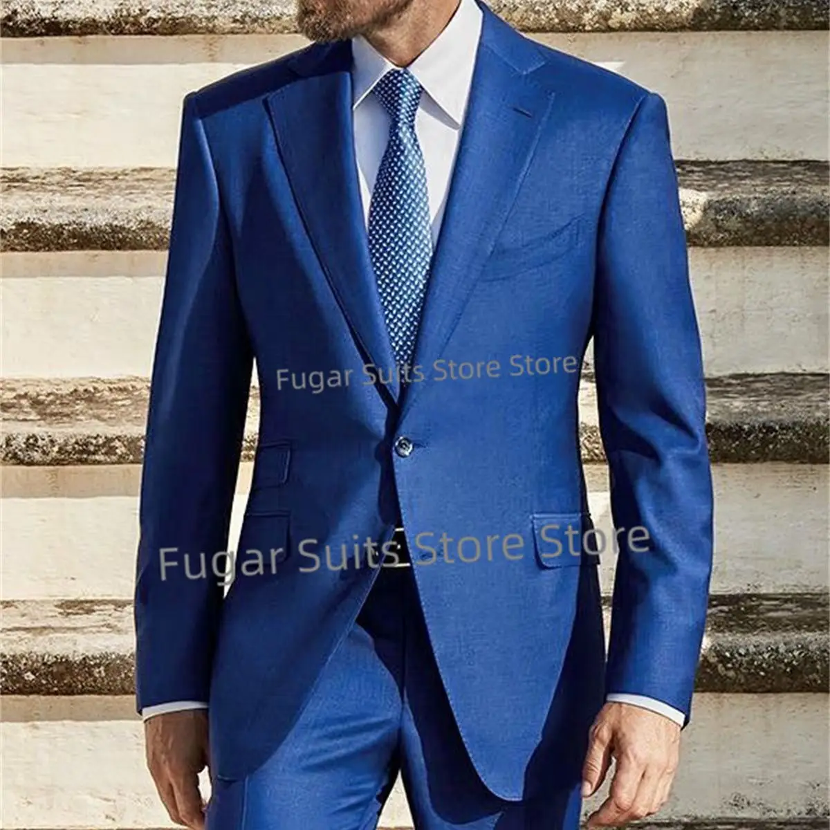 Shiny Blue Wedding Suit For Men Slim Fit Peak Lapel Groom Formal Tuxedos 2 Pieces Set Business Office Male Blazer Cstume Homme