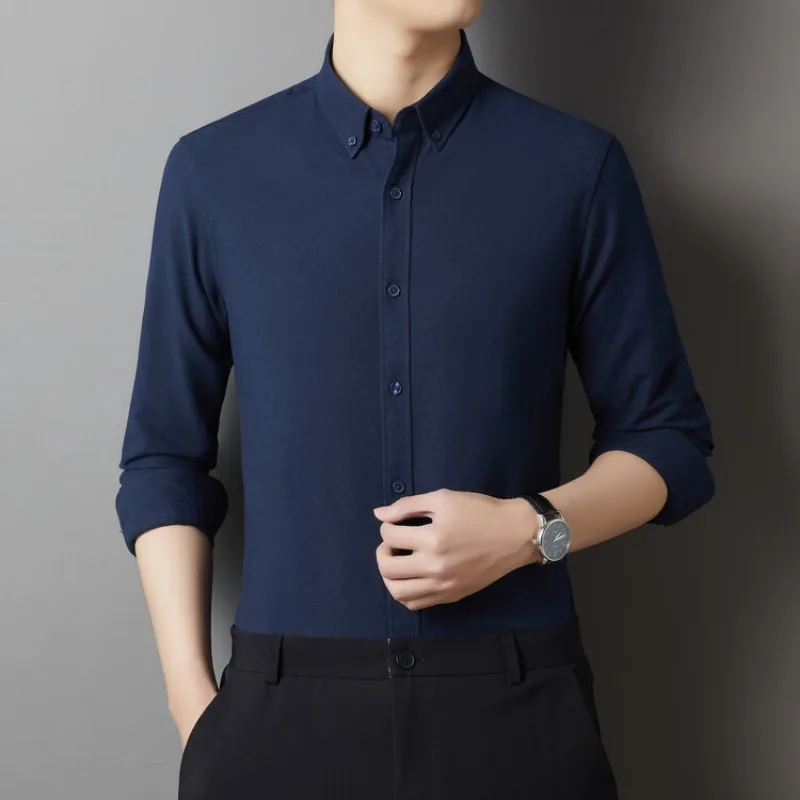 Men's New Spring and Autumn Cotton Shirt Solid Color Long sleeved Lapel Slim Fit Handsome Fashion Casual Men's Top