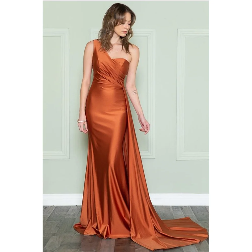Long Satin Bridesmaid Dress One Shoulder Evening Prom Dress A-Line Party Grown Customize