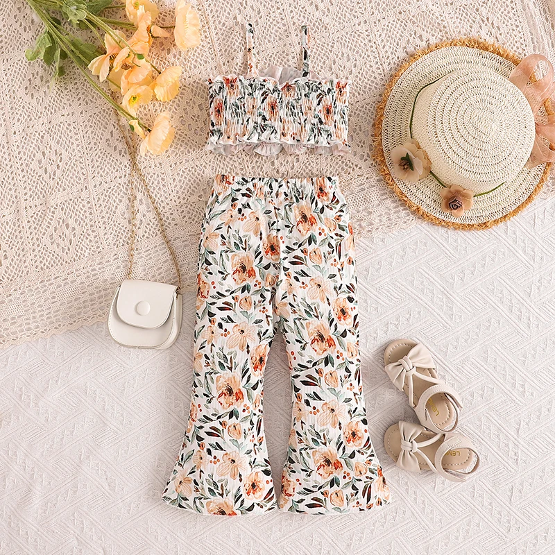 2024-04-02 lioraitiin 9M-5Y Kid Baby Girls Summer 2PCS Pants Sets Sleeveless Ruched Floral Camisole Flared Pants Sets 5