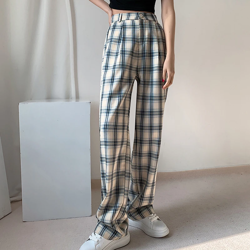 

MEXZT Vintage Plaid Wide Leg Pants Streetwear High Waist Loose Straight Trousers Korean All Match Casual Trousers Spring Summer