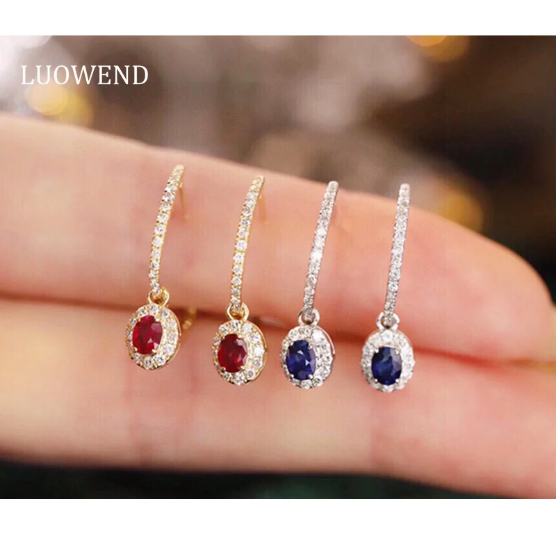 

LUOWEND 18K White/Yellow Gold Earrings Classic Design Real Diamond Natural Ruby/Sapphire Earrings for Women High Party Jewelry