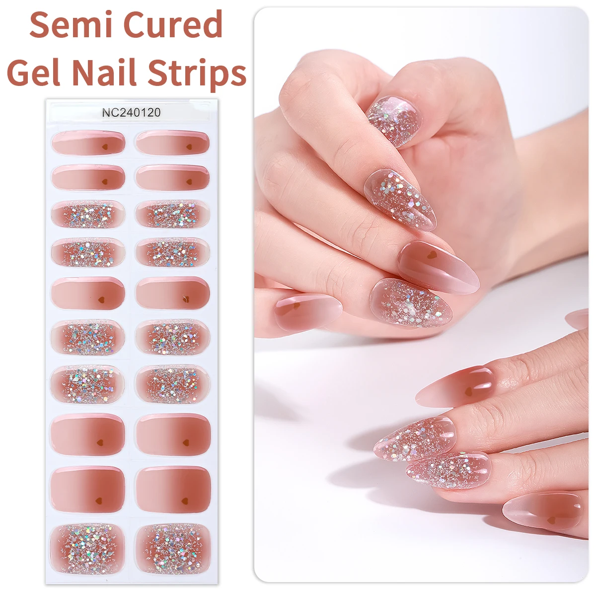 20Tips Glitter Heart Semi Cured Nail Gel Strips Romantic Valentine Gel Nail Stickers Long Lasting Self-Adhesive Gel Nail Wraps 5