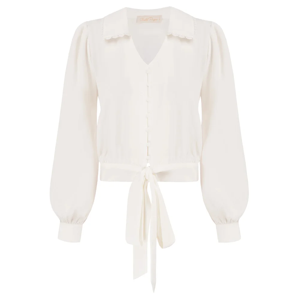 BP Women Vintage Cropped Shirt Summer Solid Long Lantern Sleeve Blouse Lapel V-Neck Button-up Tie Hem Tops Office Lady Workwear