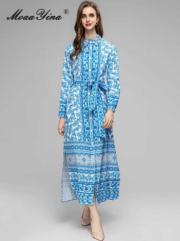 

MoaaYina, летнее модное дизайнерское винтажное синее платье с цветочным принтом, женское длинное платье со стразами и отворотом, с разрезом на талии