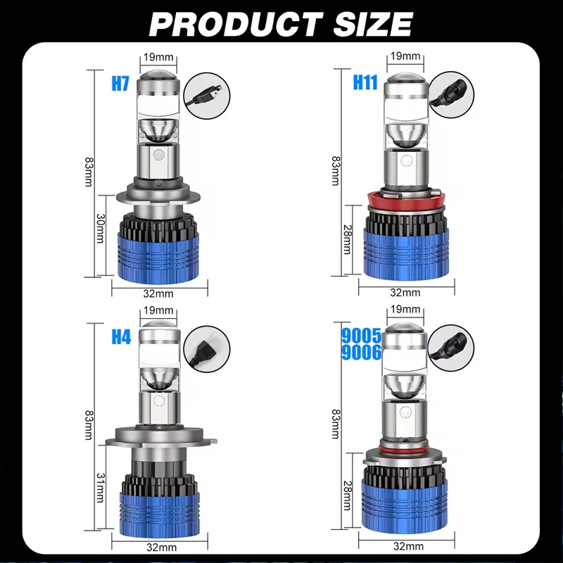 9005 자동차 모터용 LED 헤드라이트 미니 렌즈 프로젝터, 자동 로우 빔 캔버스 전구, 30000LM, H7, H4, H9, H8, H11, 9006, 12V, 24V, 2PCs