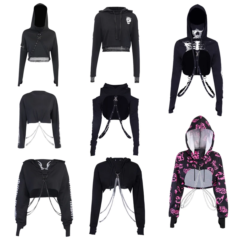Jazz Dance Dress Gothic Dark Chain Hoodie Long Sleeved Loose Punk Dark Hoodie Sweater Black Girl