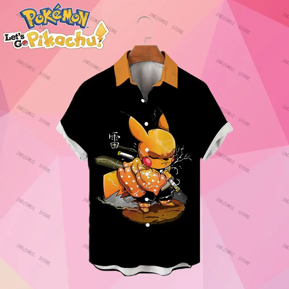 Pok&eacute;mon Men's Shirts Pikachu Couples Dress Summer Cartoon Short Sleeve Anime New Women's Blouse HD Print Social Shirt Fashion