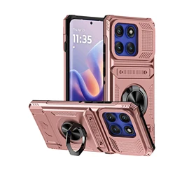 Heavy Duty Phone Case with Metal Ring Holder and Hidden Card Slot - Motorola Edge 60s (Rose Gold)