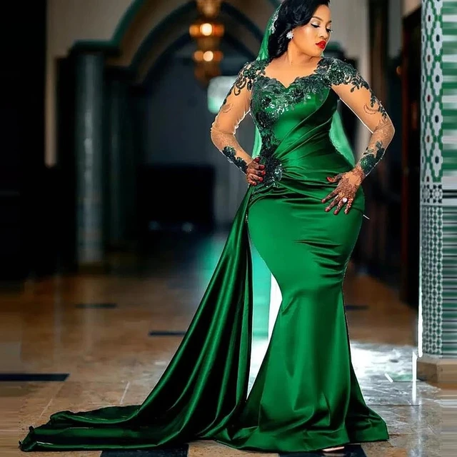 Plus Size African Aso Ebi Prom Dress Custom Mermaid Green Party with Sweep Train Applique Satin Formal Evening Gown -