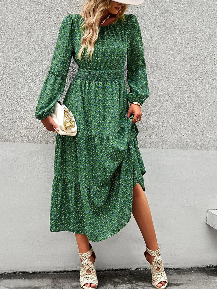 

Bohemian Print Dress Women Elegant O-neck Long Sleeve Ruffles Decor Maxi Dresses Female Retro Slim Waist Dress Spring Autumn