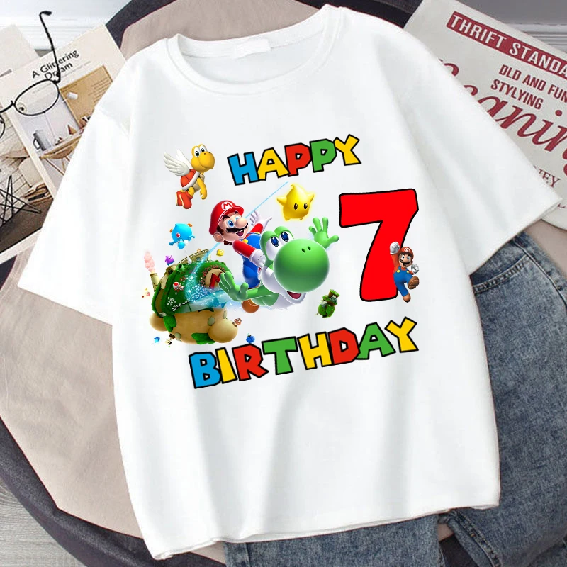 슈퍼 마리오 브라더스 어린이 생일 번호 1-10 티셔츠 소년 소녀 탑 반팔 2024  여름 옷 아동복