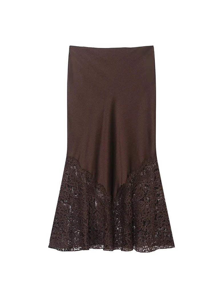 New Women's Satin Lace Midi Skirt Elegant Luxury Lace Hem Skirt Spring Autumn Fashion Party Wear Fashion Ladies Slim Fit Skirt