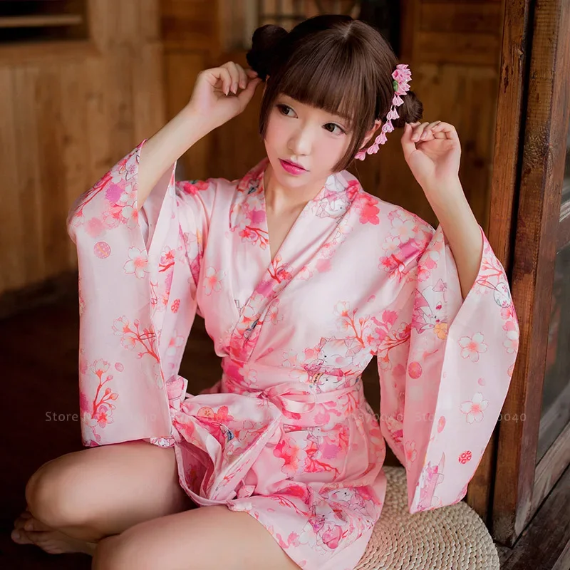Japanese Kimono Dress Women Sexy Yukata Robe Pajamas Girl Pink Sakura Traditional Costumes Party Exotic Floral Chemises Homewear