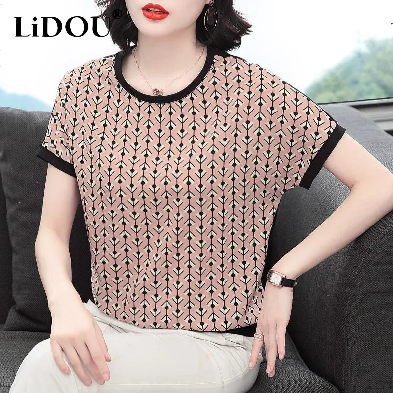 

Spring Summer Fashion Print Korean Tops Women Short Sleeve Round Neck Loose Casual Female Pullovers Elegant Chic Lady T-shirts