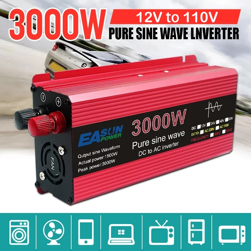 

Pure Sine Wave Inverter 60HZ DC 12V To AC 110V Voltage 1000W 1600W 2200W 3000W Transformer Power Converter Solar Car Inverter