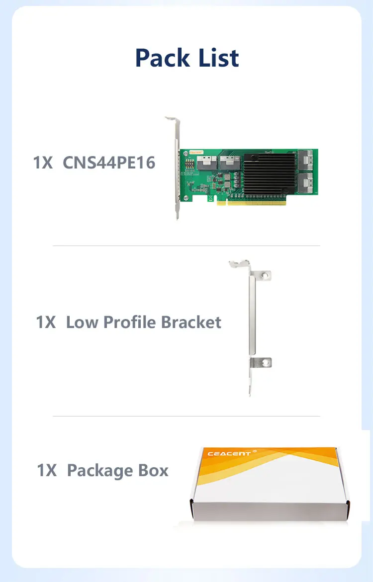 Description Picture 6 of itemCEACENT CNS44PE16 NVMe SSD to PCIe Adapter, PCIe 3.0 x16 4*SFF-8654(x8) for NVMe U.2 or PCIe Extend, No PCIe Bifurcation Need