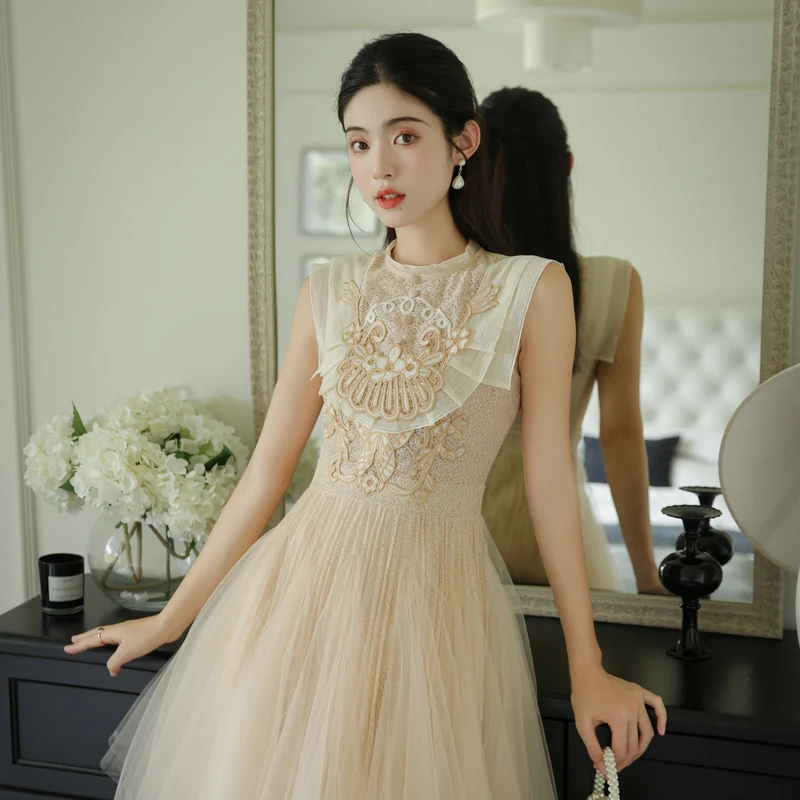 

2024 Summer New Chinese Style Butterfly Hollowed Out Embroidery Pleated Women's Dress Sleeveless O-neck Waist Cinched Mini Dress