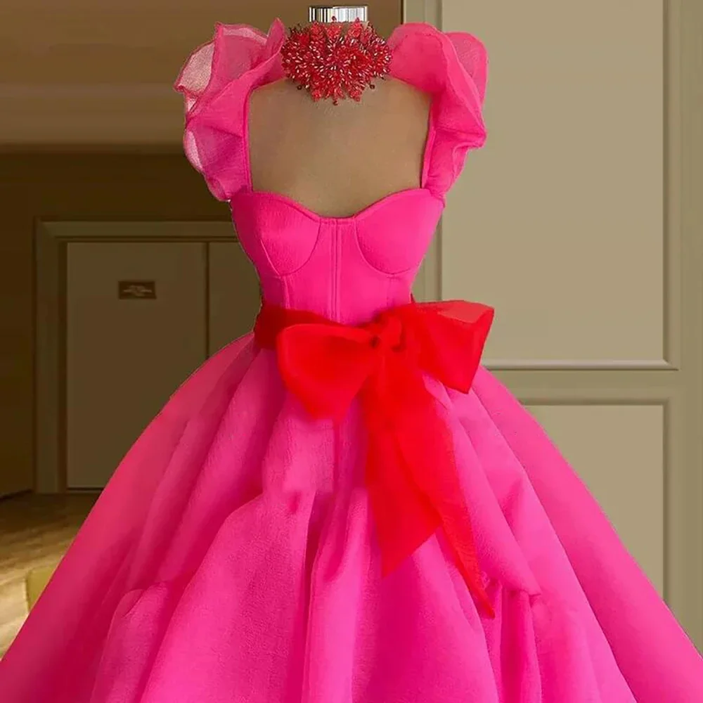 

Pink Puffy Prom Dresses Evening Gown Sweetheart Beaded Belt Bow Dubai Arabia Dresses Robe De Soiree