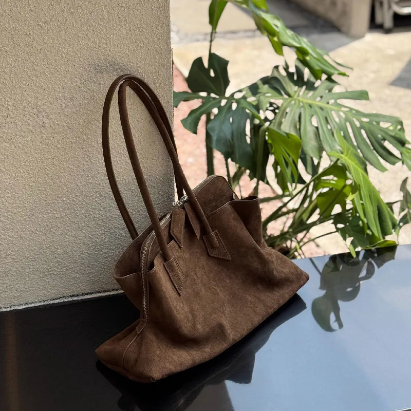 2025 Large Zipper Opening Design Travel Pillow Tote Coffee Nubuck Leather Women's Handbag High-end Winter Shoulder Bag