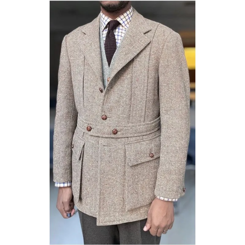 Light Beige Herringbone Pattern Men Jacket Slim Fit Men Suits Wedding