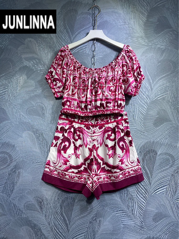 

JUNLINNA Summer Fashion 100% Cotton Two Piece Set Elegant Red Porcelain Print Slash Neck Top+Shorts High Street Women Suit