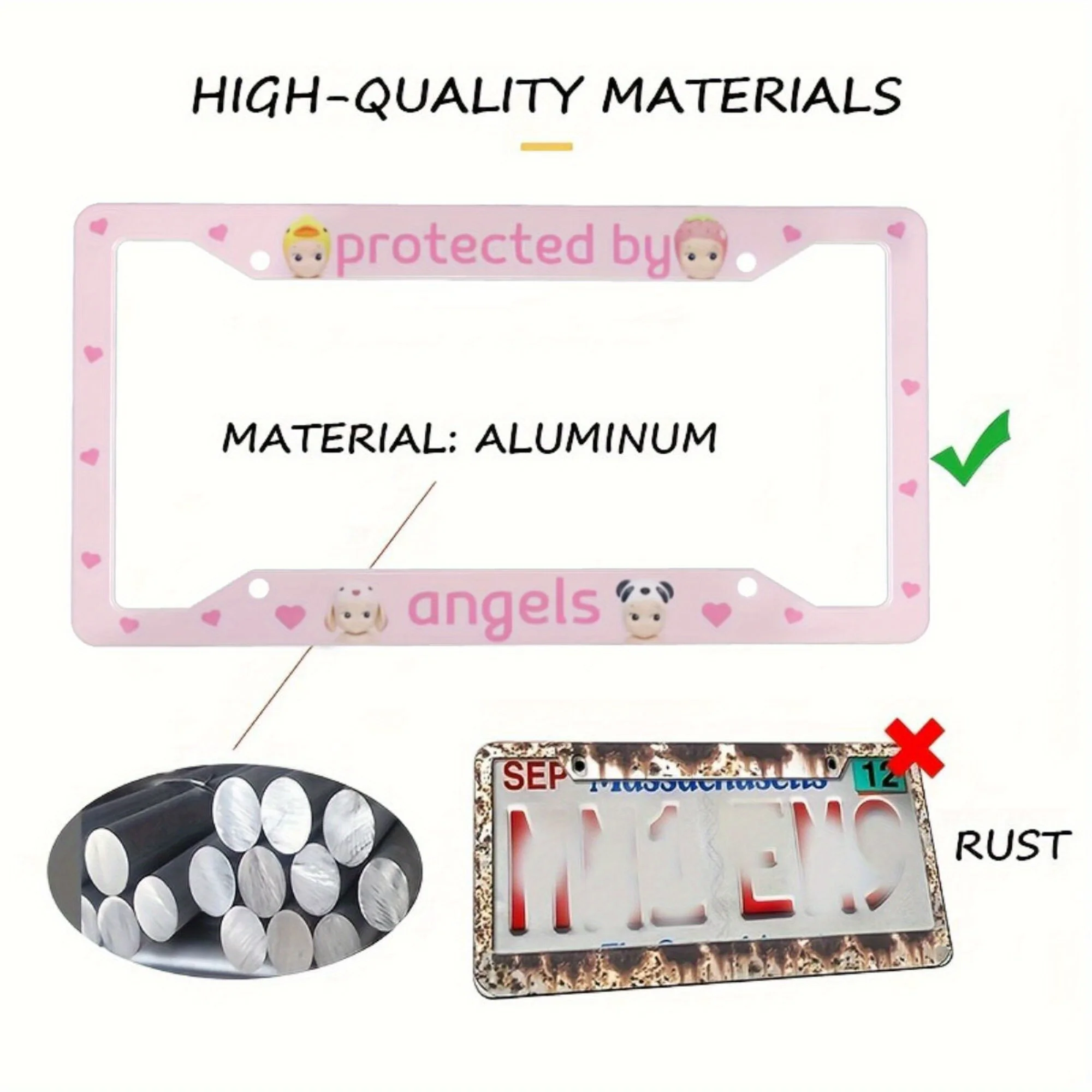 1pc Aluminum License Plate Frame, Protected By Angels Pink Funny Cute Kawaii Sonny Angels Car,Sonny Angel Kewpie Car Decor, 3