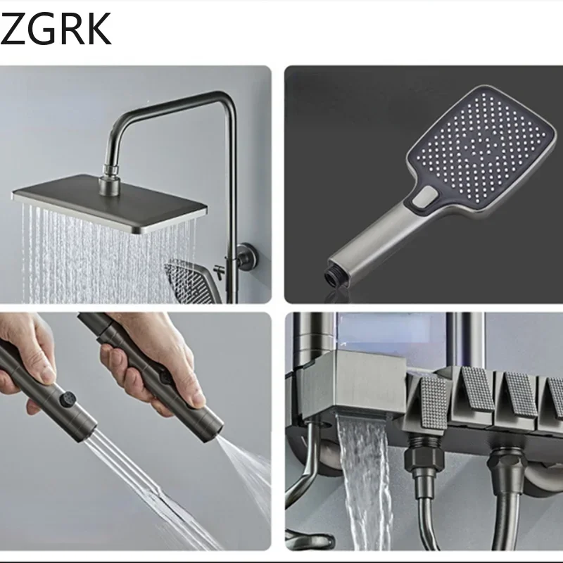 Shower Set Brass Shower Faucet Set Digital Display Thermostatic Bathroom Pressurized Water Ash-plated System
