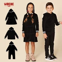 AA-velour hooded set tired dress with hooded lining striped shirt and baby footie romper ribbed family clothing dress for girls 1