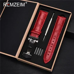 Premium Genuine Leather Watch Band with Stainless Steel Butterfly Clasp and Tool Set - 22mm (Red - black)