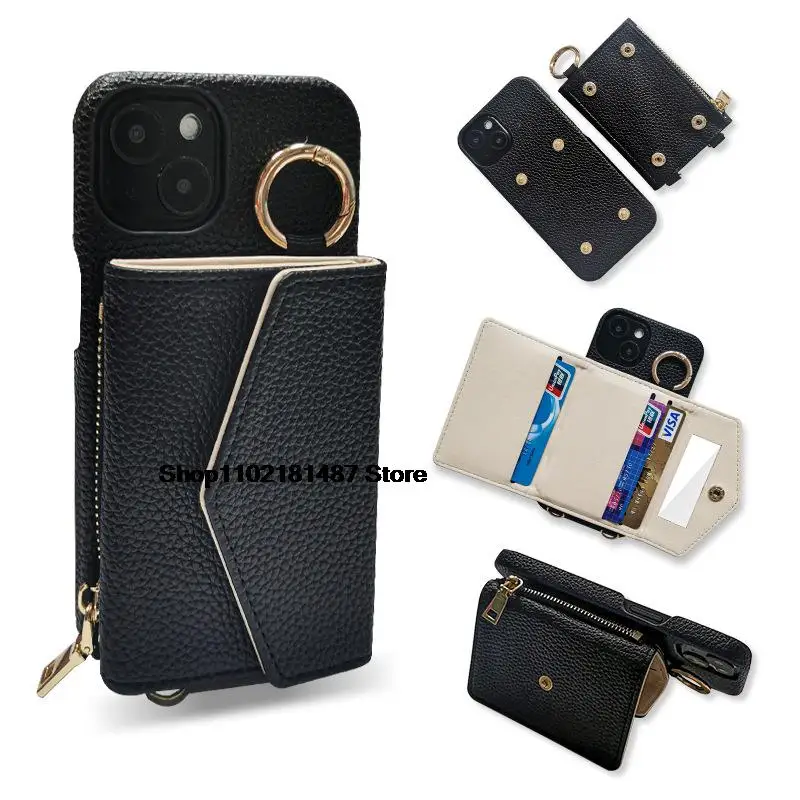 

Detached Mirror Wallet Portable Crossbody Lanyard Phone Case For iPhone 15 14 13 12 11 Pro Max Classic Hardware Buckle Holster