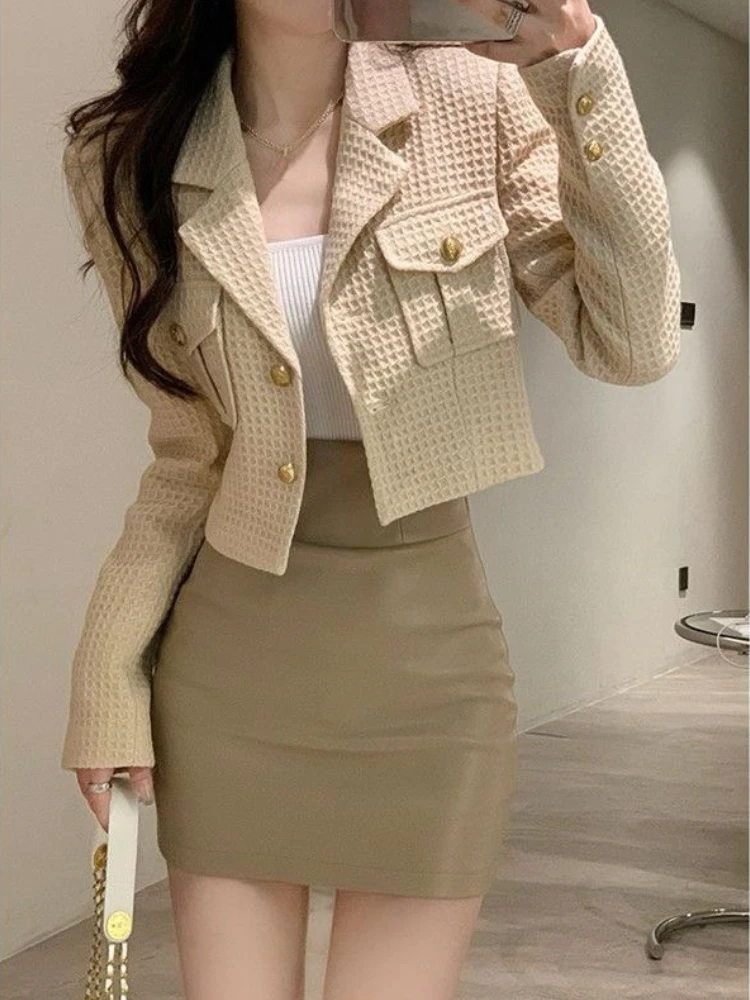 

2022 Vintage Blazer Two Piece Skirt Set Women Solid Elegant Casual Mini Skirt Suit Female Korean Style Button Designer Skirt Set