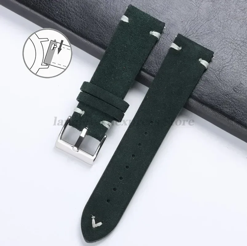 Vintage Handmade Suede Leather Watch Strap with Stitching Details, Available in Multiple Widths