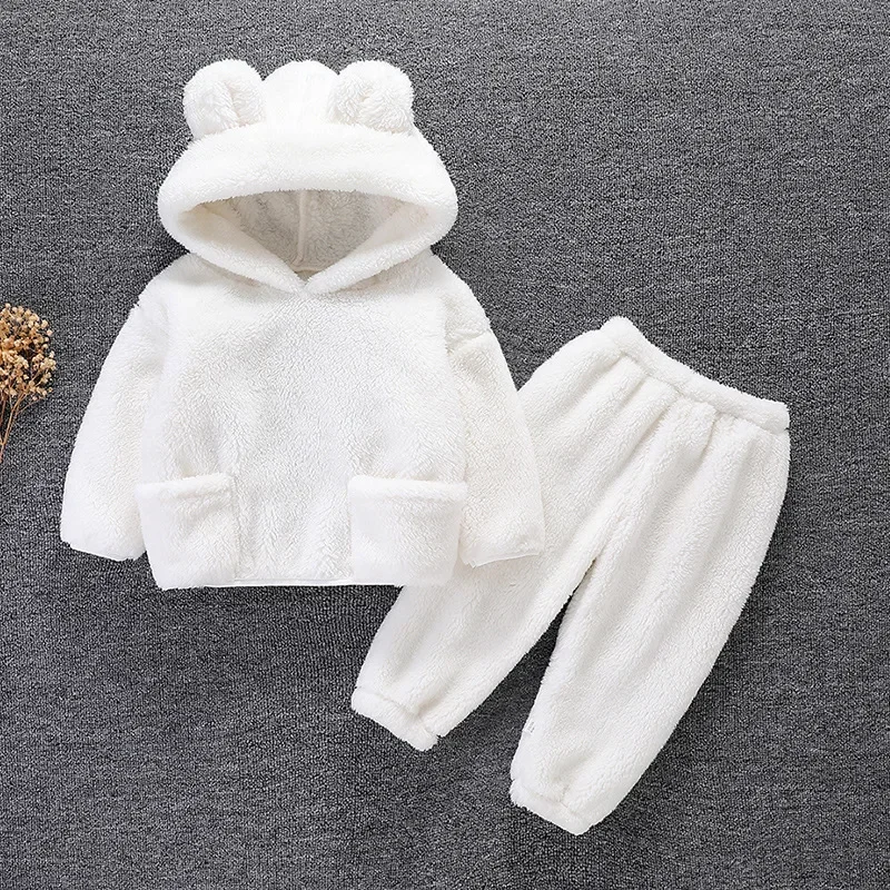 2Piece Autumn Winter Kids Clothes Girl Boys Outfit Sets Fleece Warm Cute Hooded Tops + Pants Baby Luxury Boutique Clothing