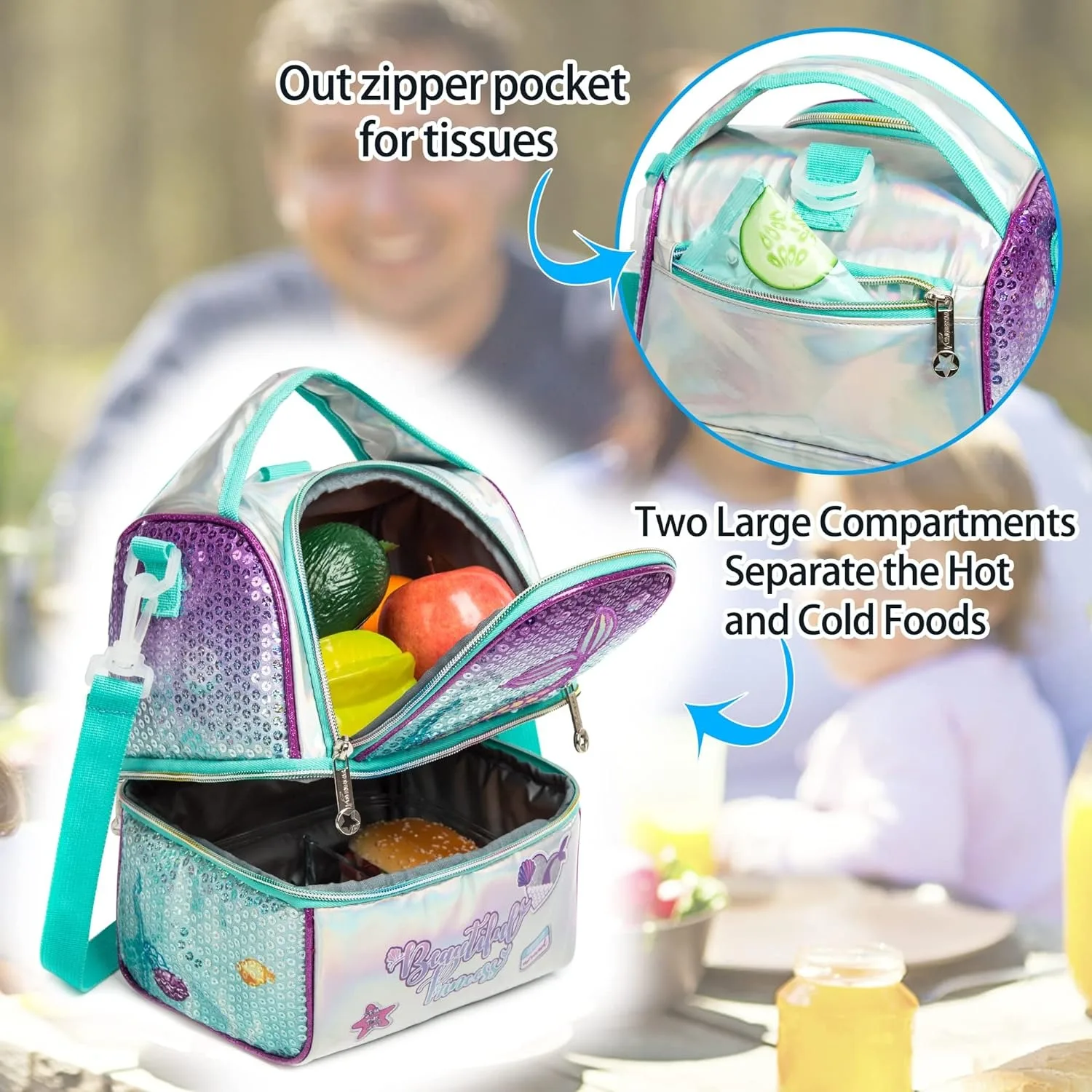 Lunch Bag for Kids Insulated Bag with Adjustable Strap High Capacity Lunchbox School Child Girls Mermaid Sequins Bento Bag 4