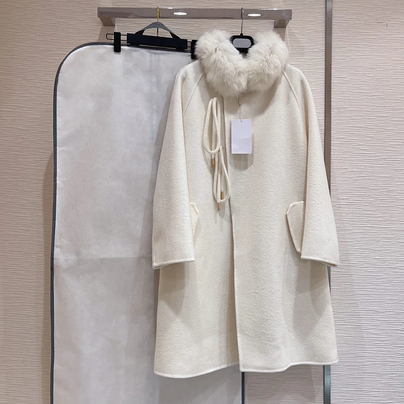 

2023 Woolen fur,Wool Coat With Real Fox Fur Collar Women Fashion Irregular String Open Cashmere Blend Coats Warm Winter Trench