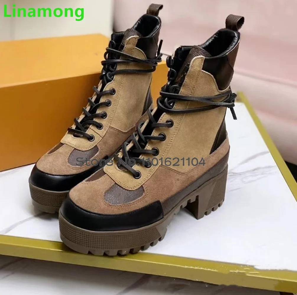 Thick Sole Square Heel Lace-up Boots For Female Women 2023 New Round Toe Ankle High Mixed Colors Fashion Luxury Design Boots