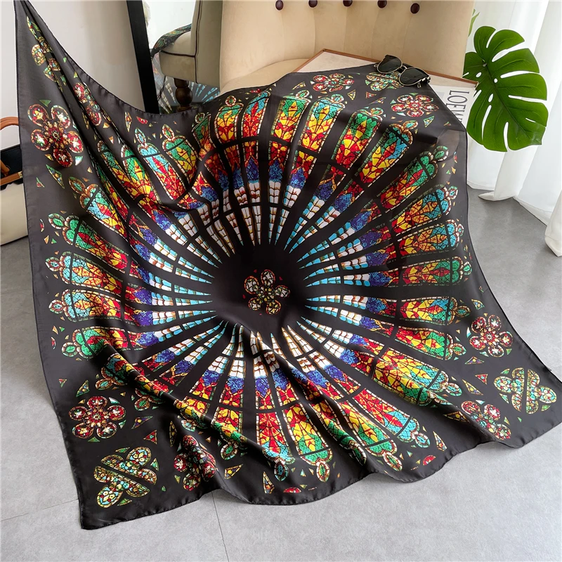 

Summer Print Satin Shawl Luxury Brand Silk Square Scarf Women 2022 Design Neckerchief Female Hijab Wrap Beach Stoles Bandana