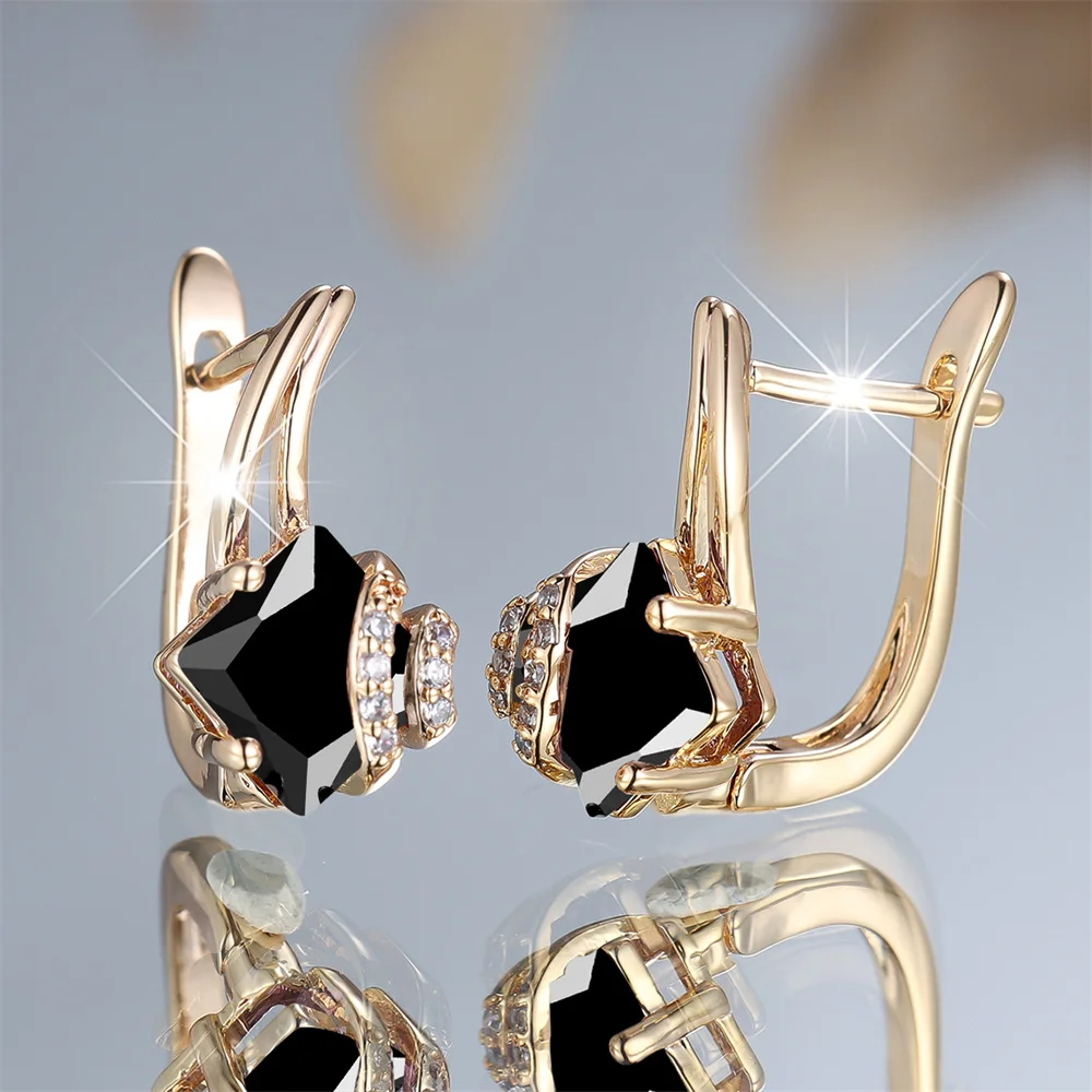 Geometric Square Stone Retro Black Crystal Hoop Earrings For Women Vintage Gold Color Ear Buckle Wedding Jewelry Engagement Gift