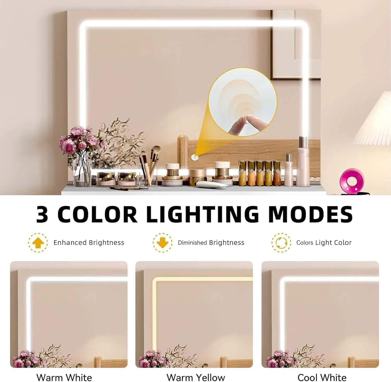 Makeup Vanity with Large Mirror and LED Lights, Vanity Desk Set with Power Outlet & Chair & 3 Lighting Colors, 4 Drawers