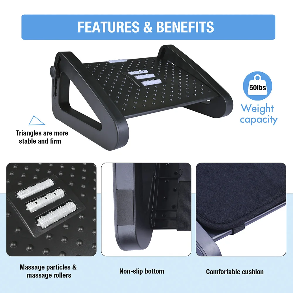 6 Height Adjustable Under Desk Footrest Ergonomic Leg Rest with Comfort Soft Pad and Massage Rollers for Home Office Work Study