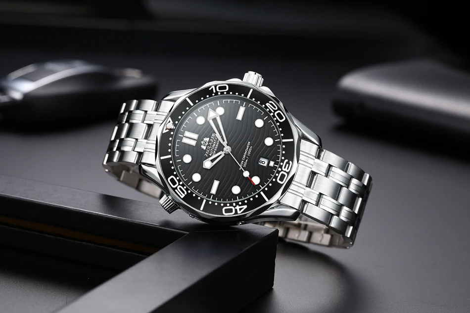 Herren Automatik Selbstaufzug Mechanisch Edelstahlarmband Casual Gelbgold Silber Blaue Lünette Master Wave_voghion.com