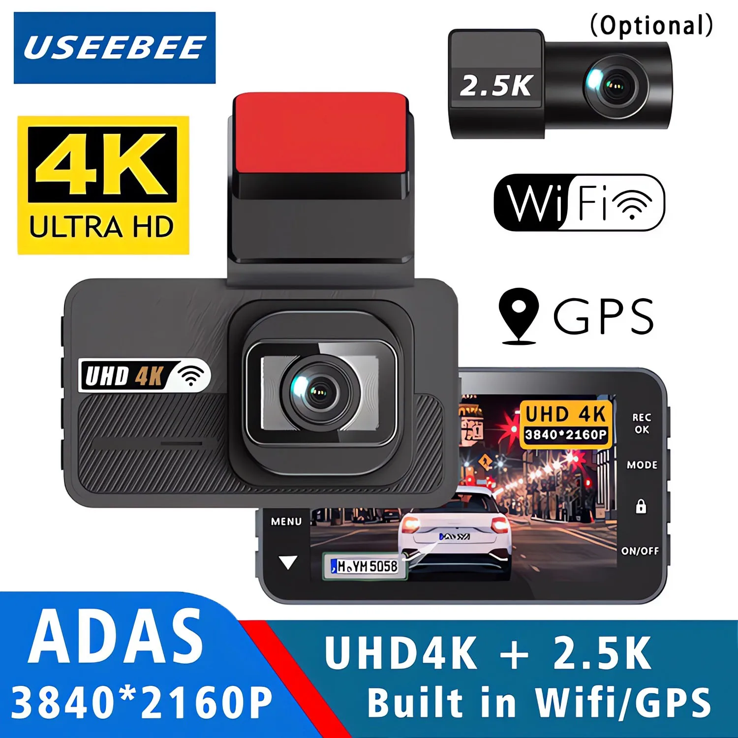 UHD 4K 2160P AI Driver Assistance Dash Cam Dual Lens ADAS WIFI GPS Mini ...