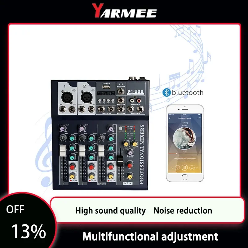 Bluetooth Portable Audio Mixer USB Record Computer DJ Sound Mixing Console 4 Channel Karaoke Amplifier System 48V Phantom Power