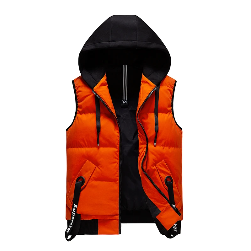 Winter Work Vests Men Ribbon Pockets Hooded Vests Solid Thicken