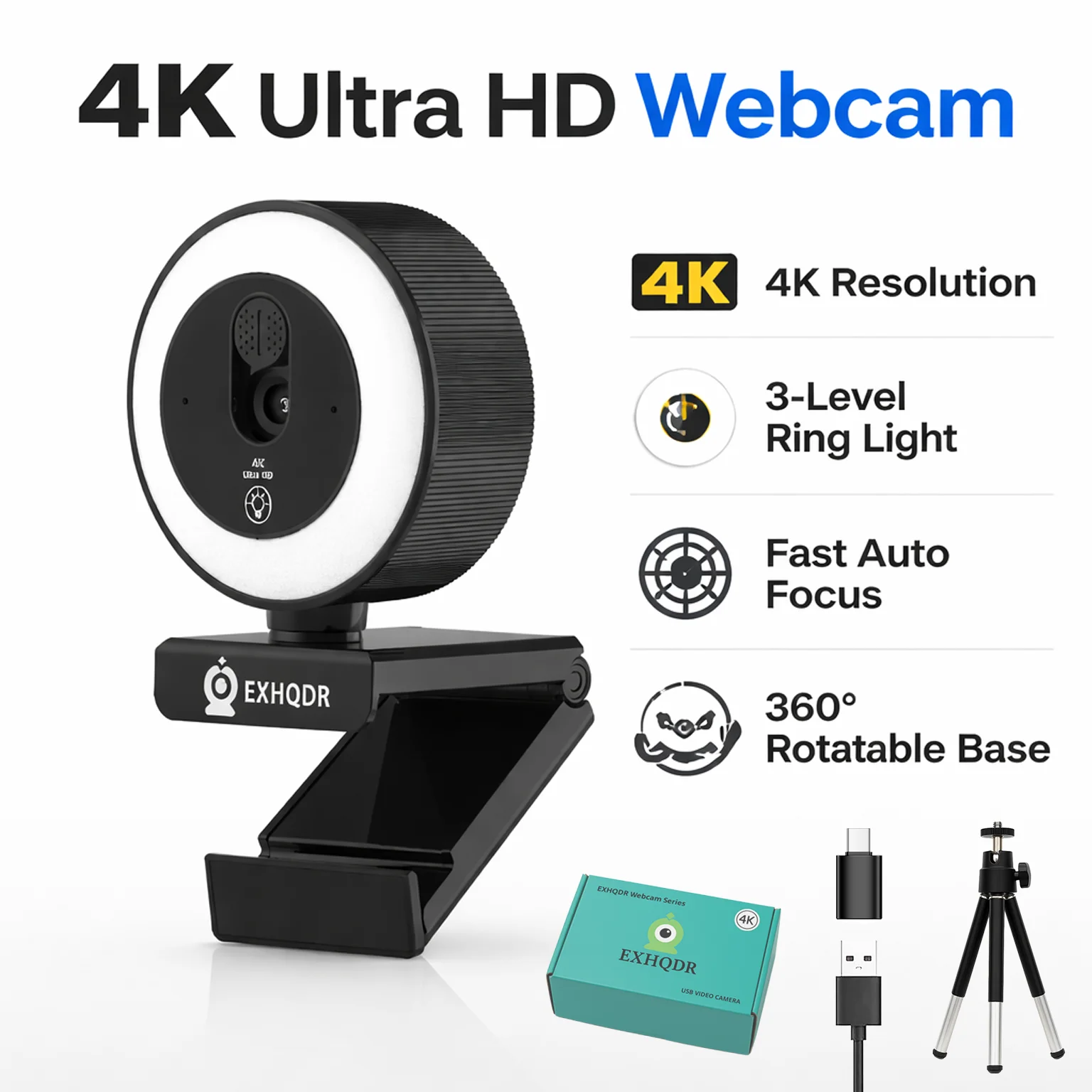 EXHQDR 4K/1080P USB Webcam with Auto Focus Ring Light Privacy Cover Tripod Type-C for PC Zoom Streaming Meeting