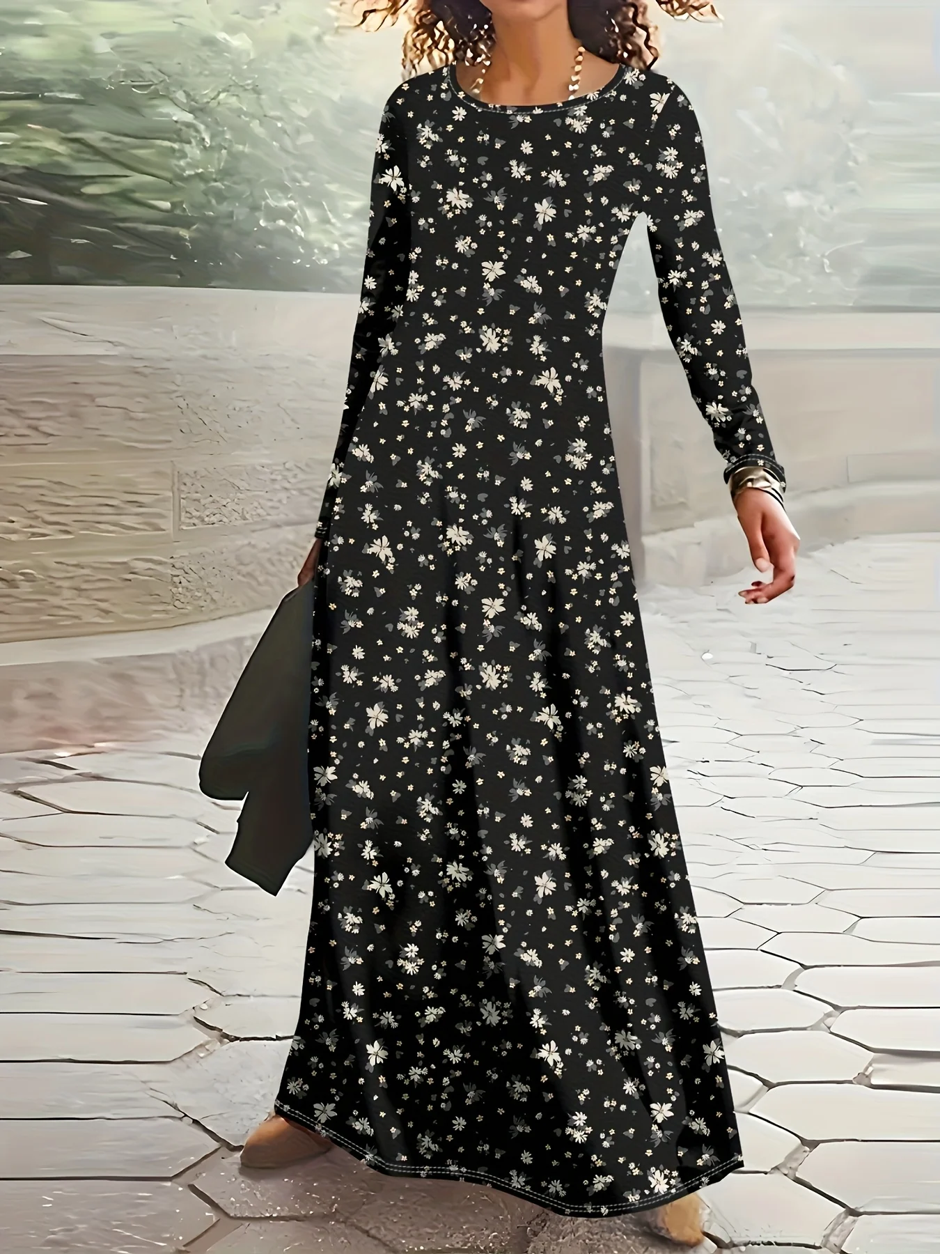 Bedrucktes Design im Resort-Stil, schwarzes Kleid mit Blumenmuster, Damenkleid