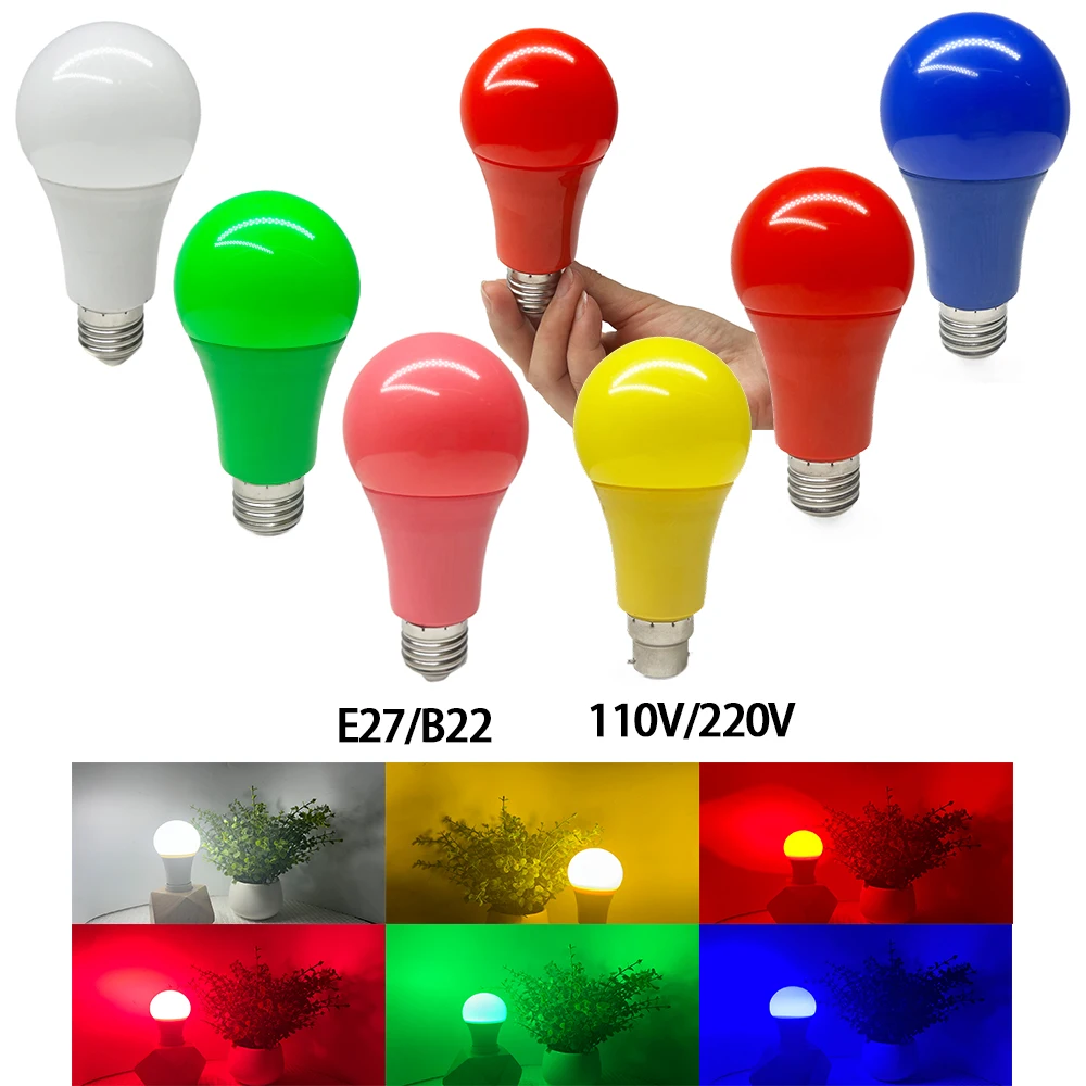 Led Light Led Lamp 220V 110V E27 B22 5W Led Color Plastic Coated Aluminum Colorful Red Yellow Blue Decorative Lantern Bulb A65 Colorful LED Bulb