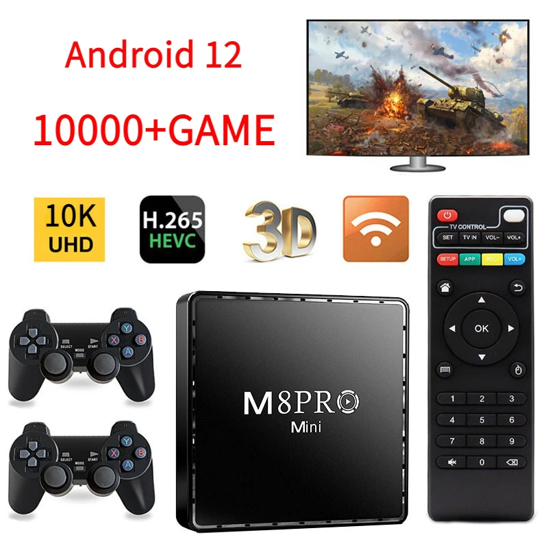 

M8Pro Mini Video Game Console Android12 2023 H313 UHD 10K 64G 10000 Retro Wi-Fi 2.4G Dual System TV Box iptv