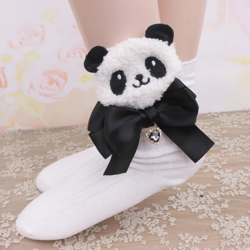 Chinese Style Sweet Cute Furry Cartoon Heart Shape Rhinestone Pendant Purified Cotton Short Socks Girl Women's Black Stockings